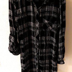 BLL NYC Black/White Plaid Button Down Long Shirt Dress Tunic Top